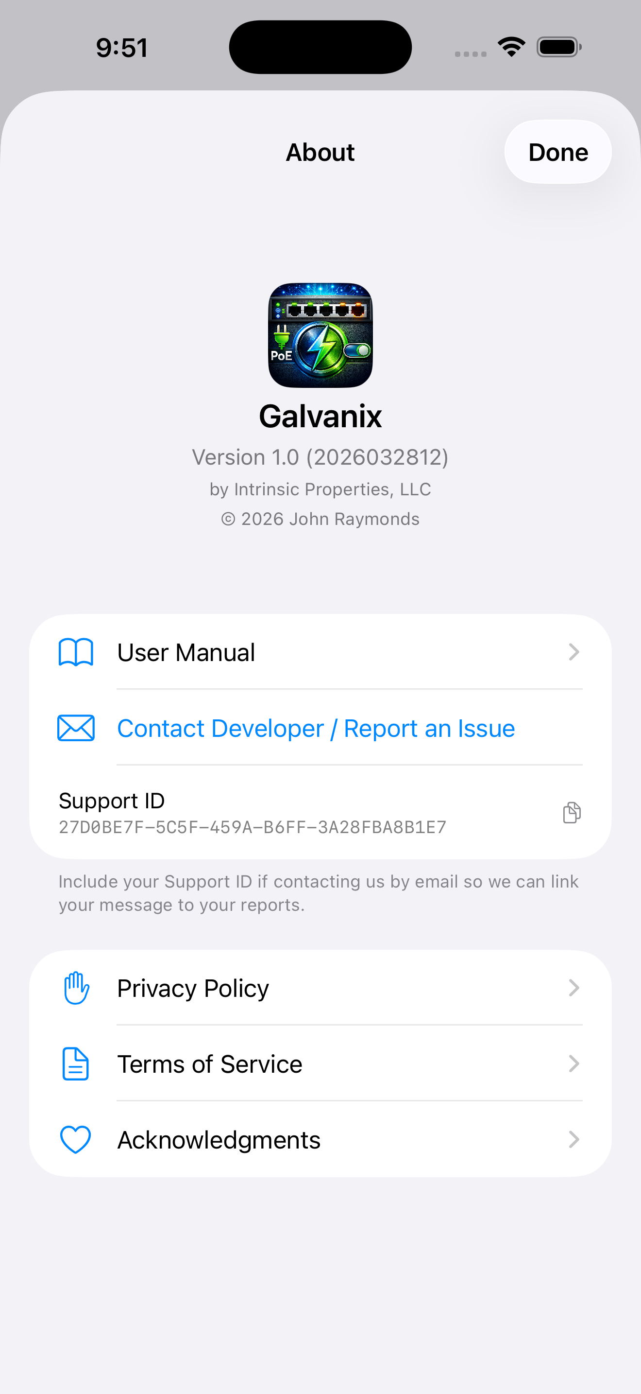 Galvanix About screen showing Contact Developer button