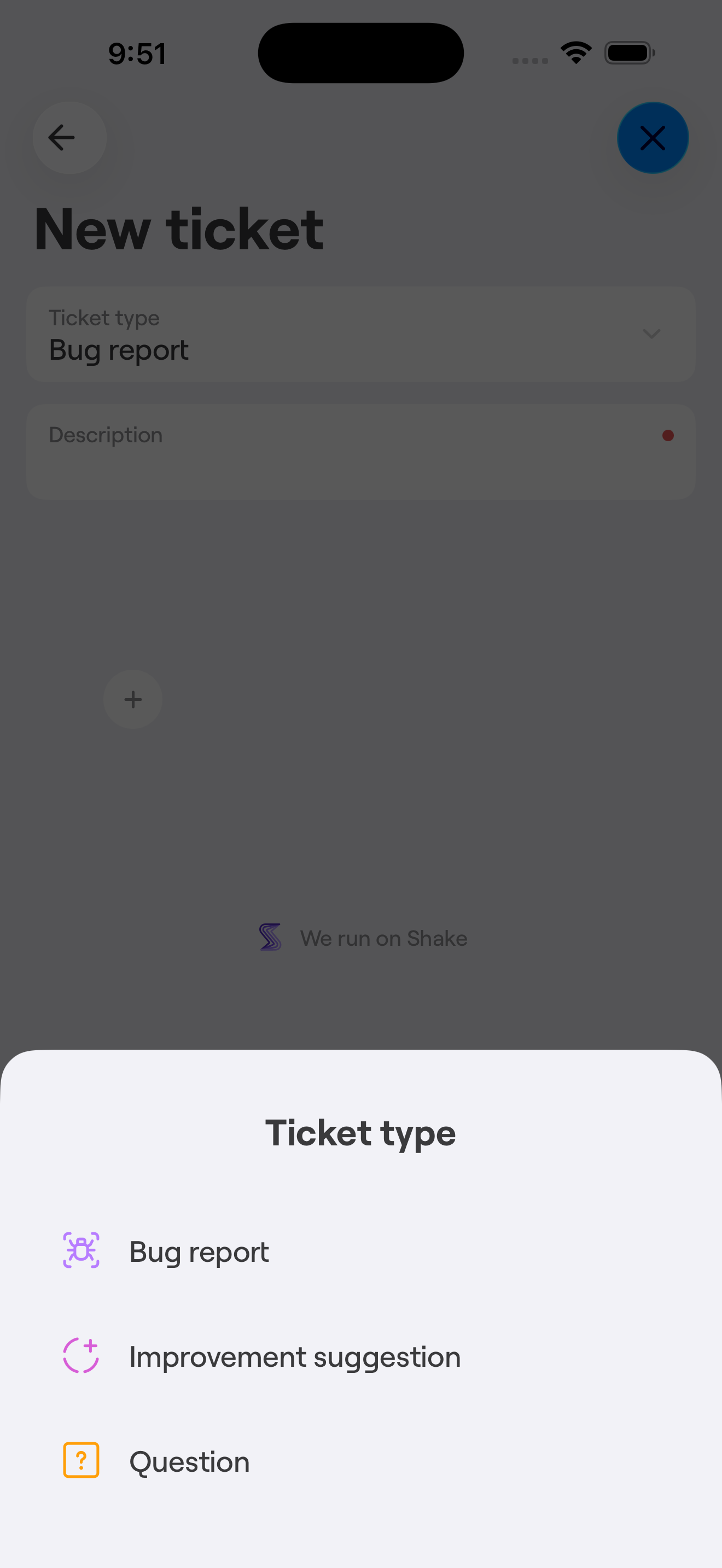 New ticket screen with ticket type selector